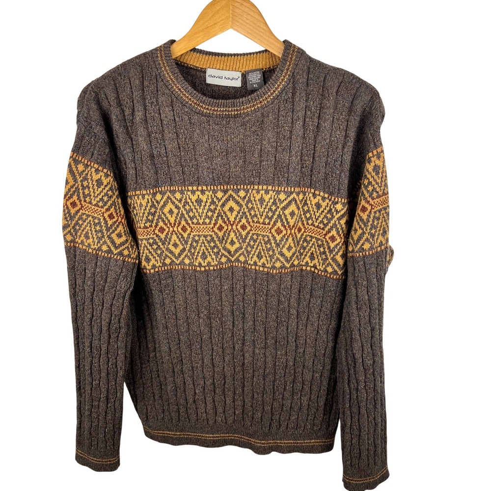 Vintage Fair Isle Chunky Cotton Blend Sweater Mens XL Brown Thick Unique Indie